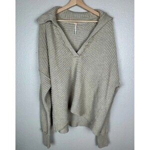 Free People Marlie Pullover V Neck Sweater Oversized Ribbed Knit Stone Sz L Mb